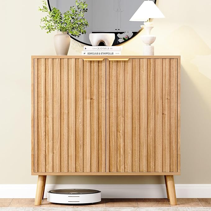 Fluted Storage Cabinet, Buffet Cabinet with Storage, Wood Sideboard with Adjustable Shelf, Modern Accent Cabinet & Console Table for Entryway, Living Room, Dining Room, Natural by REHOOPEX