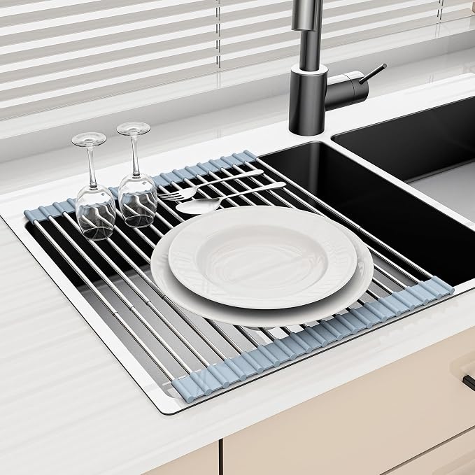 20.27 x 13.19 Inch Roll Up Dish Drying Rack, Expandable Over Sink Drying Rack 304 Stainless Steel Drainer for Counter Kitchen Home RV Essentials Foldable Over Sink Drying Rack, Grey - Image 2