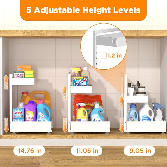 TATAANTY Under Sink Organizer 2 Pack, 2 Tier Metal Under the Sink Storage, Heavy Duty Slide out Pull out Cabinet Organizer, Height Adjustable for Kitchen Bathroom Pantry Closet Organization Rack - Image 5