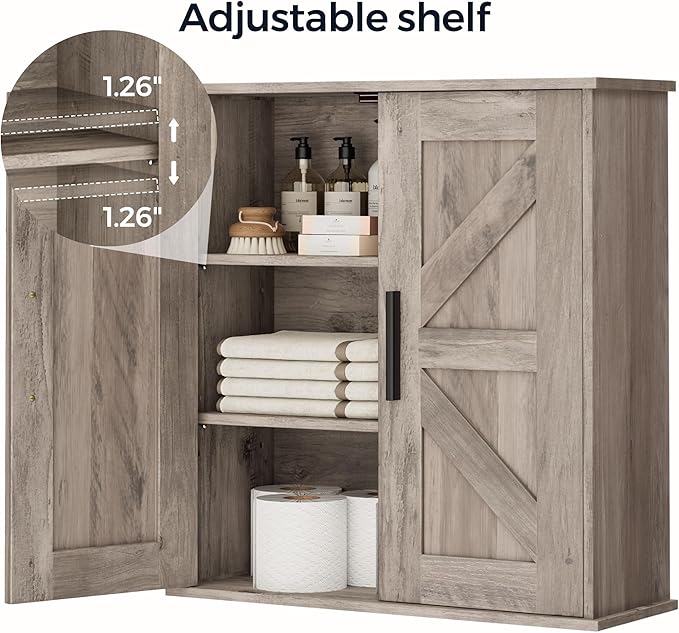 Homleke Bathroom Wall Cabinet, Medicine Cabinet with Adjustable Shelves | 3-Tier Wall Mounted Over Toilet Storage with Barn Doors, for Bathroom, Kitchen, Entryway, Laundry Room, Greige, (7.9" D) - Image 5
