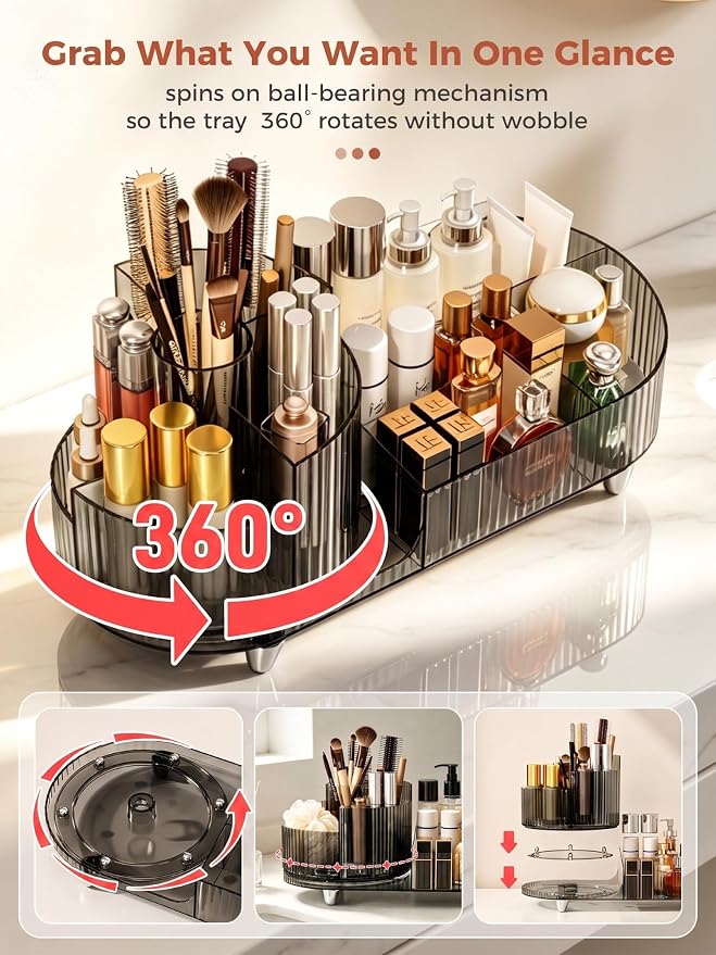 Booklov Rotating Makeup Organizer for Vanity Countertop, Smoke | Clear Acrylic Cosmetic Display Case, Large Beauty Brush Holder for Bathroom Counter, Skincare Lipsticks Storage - Image 8