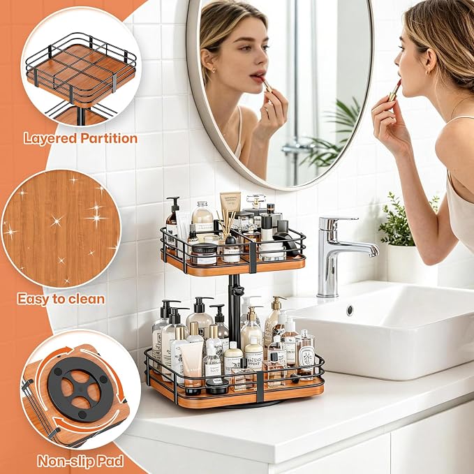 12 Inch Square Lazy Susan Organizer, 2 Tier Adjustable Wood Rack | Removable Divider Rack, 360° Rotating, Adjustable Height, For Pantry, Cabinet, Bathroom & Dining Table - Image 3