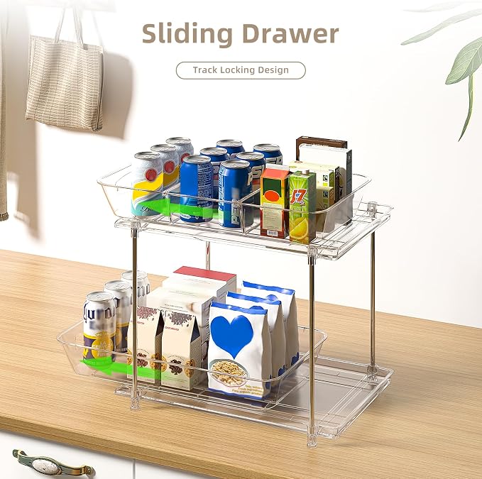 4-Pack 2-Tier Under Sink Organizer with Pull Out Drawers | Multi-use kitchen & bathroom storage. Includes hanging hooks and cups. transparent, space-saving cabinet design. 11.2 Inch - Image 6