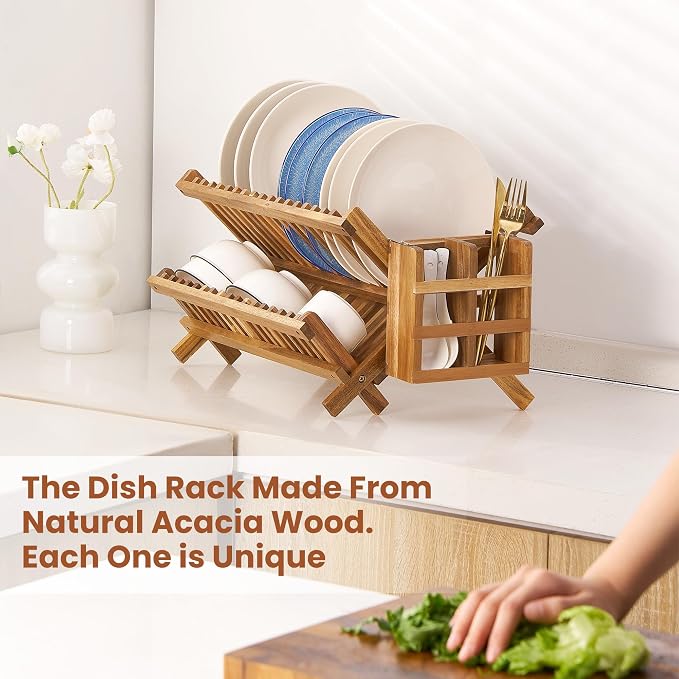 NOVAYEAH Acacia Wooden Dish Drying Rack for Kitchen Counter 2-Tier Collapsible Bmaboo Dish Drying Rack with Utensil Holder-Large Folding Dish Drainer Rack with Flatware Holder 34 pcs Grid | 2-Tier Collapsible Dish Drying Rack with Utensil Holder-Large ... - Image 2
