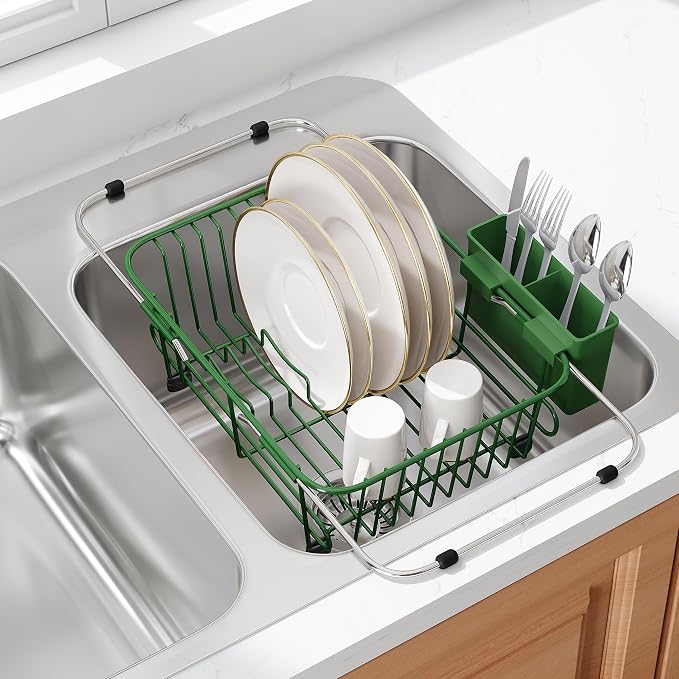 JASIWAY Green Dish Drying Rack in Sink with Utensil Holder, RV, Apartment | Over Sink Expandable Stainless Steel Dish Drainers for Compact Kitchen, Space Saving, Fast Drain, Rustproof, For 1-2 people by JASIWAY