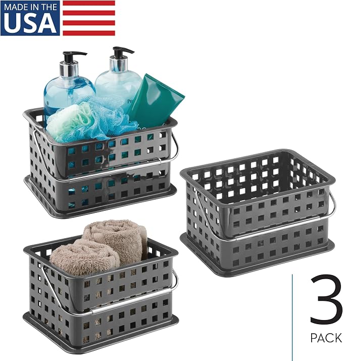 iDesign Stackable Shower Basket with Handle, Gray, Set of 3 | Made in USA, For Dorm or Bathroom - Image 2