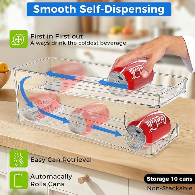 2 Packs FIFO Rolling Soda Can Organizer for Fridge, Holds 10 Cans | Pop Can Organizer for Drink Beer Seltzer Soda Can Dispenser for Refrigerator 11.15oz 12oz Can Holder Storage Pantry Container - Image 3