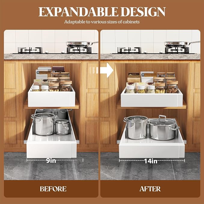 Seinloes 4 Pack Expandable Pull Out Cabinet Organizer 21" Deep With Raising Pad for Framed Cabinets,Upgrade 3 Slide Rails Slide Out Drawers,No Drill Roll Out Shelves,Adjustable Width 9"-14" White - Image 5