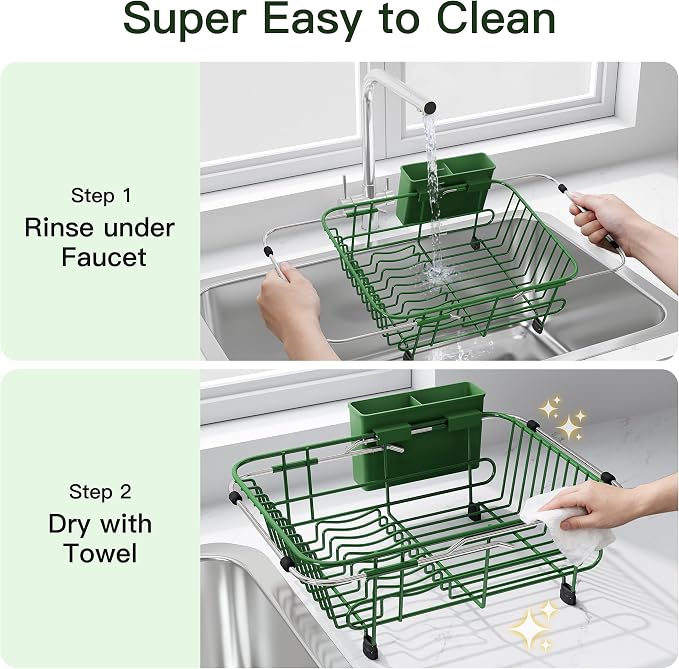 JASIWAY Green Dish Drying Rack in Sink with Utensil Holder, RV, Apartment | Over Sink Expandable Stainless Steel Dish Drainers for Compact Kitchen, Space Saving, Fast Drain, Rustproof, For 1-2 people - Image 9