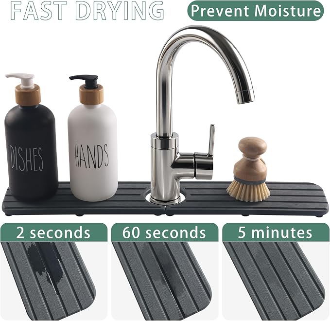 NiuYichee Faucet Mat for Kitchen Sink, Water Absorbing Diatomite Stone Tray | 19.6" x 3.9" Sink Coaster for Bathroom Counter, Stone Drying Mat, Sink Splash Guard, Fast Drying-Prevent Moisture, Dark Gray - Image 2