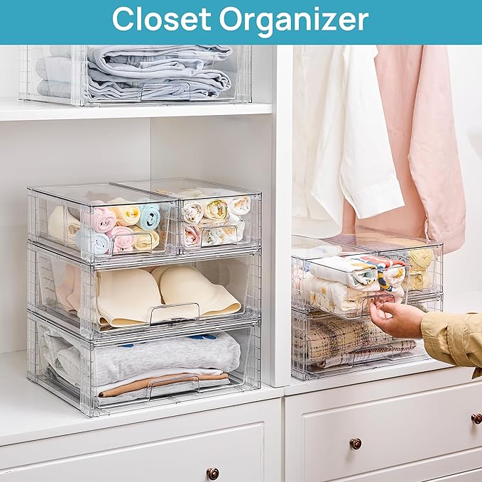 Vtopmart Clear Stackable Storage Drawers, 5 Pack Wide Storage Set | Wide and Small Pull-Out PET Drawers Designed for Large and Small Item Sorting, Cabinets, Closets, Pantry - Image 6