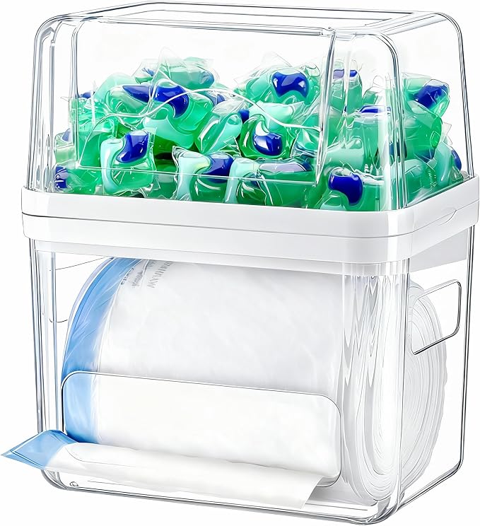 iCASA Trash Bag Dispenser Dishwasher Pods Container Under Sink Organizer | 3 in 1 Stackable Trash Bag Holder Garbage Bag Dispenser for 13/30/33 Gallon Bags, Clear Storage Bins Laundry Pods Container by iCASA