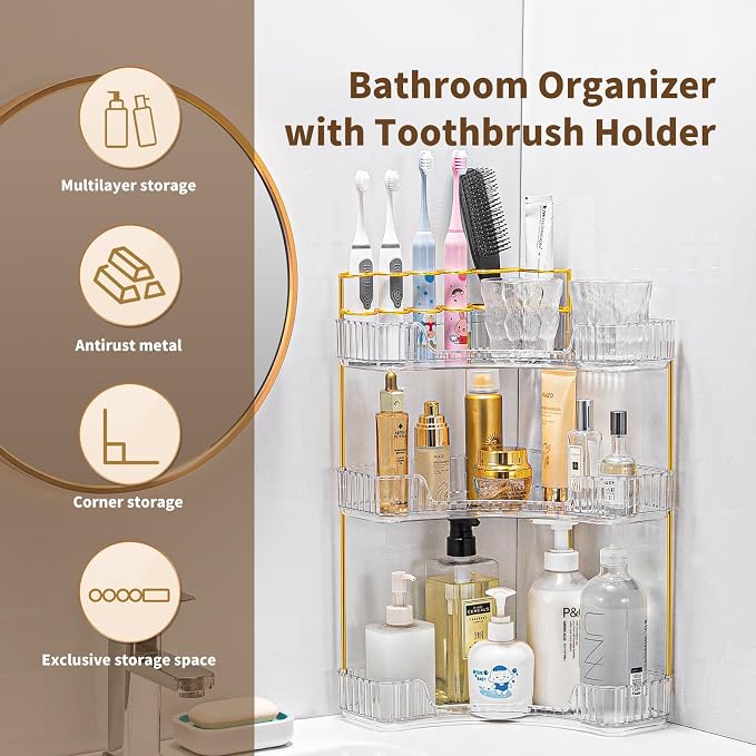 Makeup Organizer 3 Tier Bathroom Counter Organizer with Makeup Brush Holder | Corner Bathroom Organizer Countertop, Acrylic Counter Storage for Bathroom Dresser, Skincare Perfume Organizer- Clear - Image 5