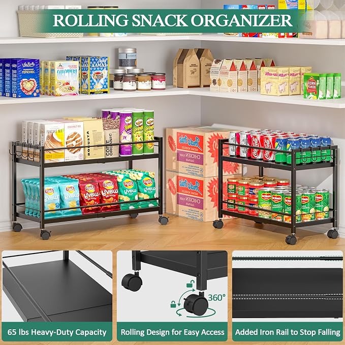 2-Tier Expandable Rolling Pantry Cart with Wheels, Adjustable Floor Organizer for Kitchen Pantry, Can Organizer for Pantry, Storage Cart for Snack, Food, Vegetables, Black, Patent Pending - Image 7