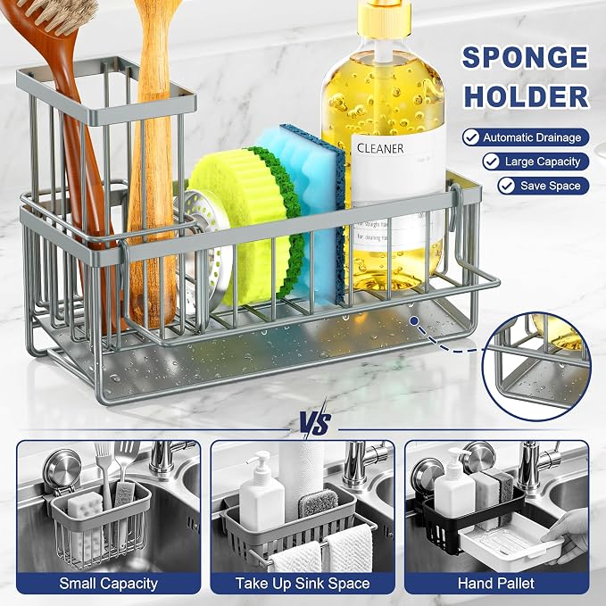 Sponge Holder for Kitchen Sink, Kitchen Sink Caddy, Kitchen Sink Sponge Holder, Dish Sponge Holder, Kitchen Sink Organizer for Sponge, Dish Brush, Scrubber(9.65" x 3.74" x 6.3", Gray) - Image 4