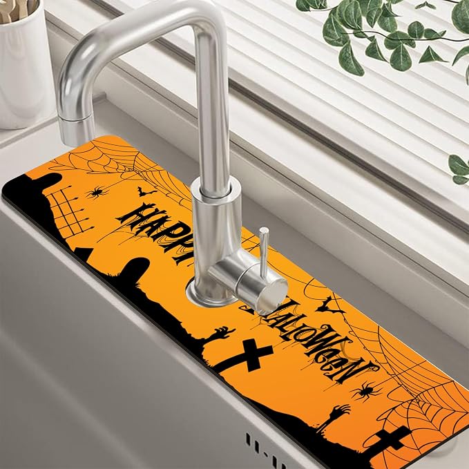 Halloween Bats Spider Webs Dish Drying Mat for Kitchen Sink Splash Guard Behind Faucet Sink Mat Absorbent Fast Drying Faucet Draining Mat for Bathroom Kitchen 5.5"×24" by Unknown