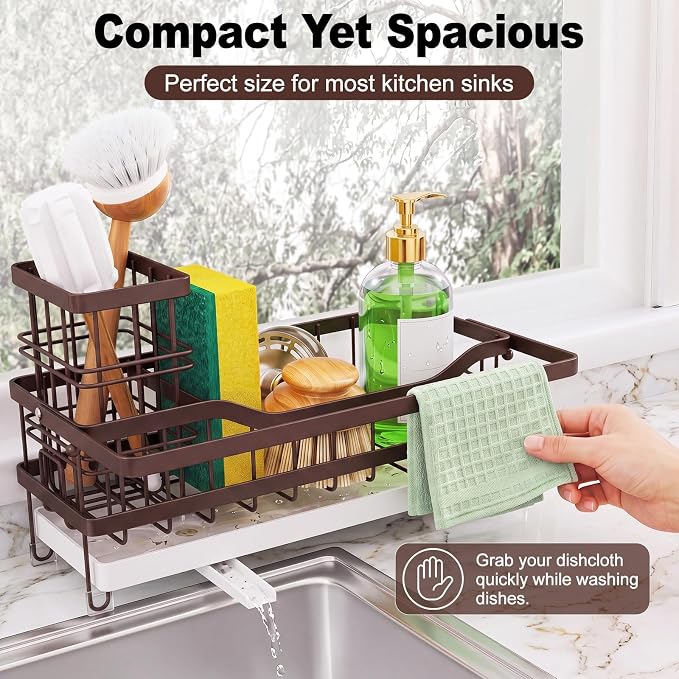 Sponge Holder for Kitchen Sink, Self-draining Sink Caddy with Towel Rack and Brush Holder, Metal Kitchen Countertop Organizers and Storage Essentials, Bronze - Image 6