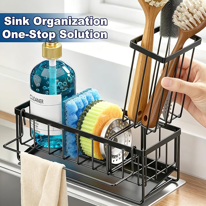 Sponge Holder for Kitchen Sink, Kitchen Sink Caddy, Kitchen Sink Sponge Holder, Dish Sponge Holder, Kitchen Sink Organizer for Sponge, Dish Brush, Scrubber(9.65" x 3.74" x 6.3", Black) - Image 6