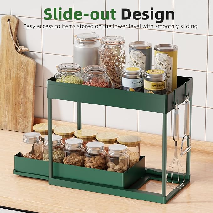 Simple Trending Under Sink Organizer 2 Pack, with Sliding Drawer, Green | 2-Tier Multi-Use Under Shelf Organizer with Hooks, Sink Pull-Out Sliding Storage Cabinet for Kitchen Bathroom, Easy Assembly - Image 4