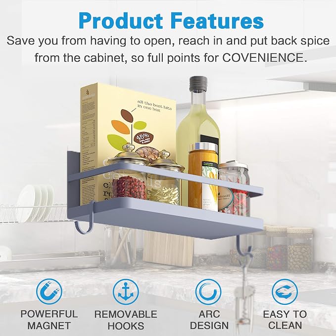 Magnetic Spice Rack, Strong Magnetic Shelf with 2 Removable Hooks, Perfect Space Saver for Small Kitchen/Apartment, Awesome Metal Cabinet for Holding Spices, Jars, Bottle, Beve(Grey, 2Pack) - Image 2