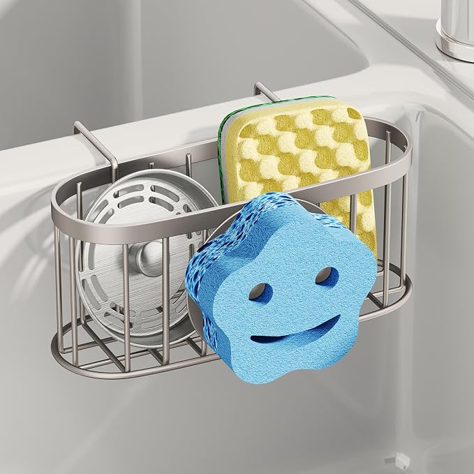 SWTYMIKI Sponge Holder for Kitchen Sink - Movable Sink Caddy with Smiley Face Sponge Holder, Rustproof Hanging Sponge Organizer in Double Bowl Sinks Depth>3.15in, Middle Divider<1.5in, Sand Nickel by SwtyMiki-TidyHomeSweetLife