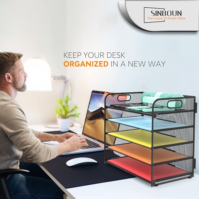 Letter Tray Paper Organizer 5-Tier Desk Organizer File Organizer Paper Holder with Handle, Metal Desktop Document Shelf Tray Office Classroom Organization - Black - Image 6