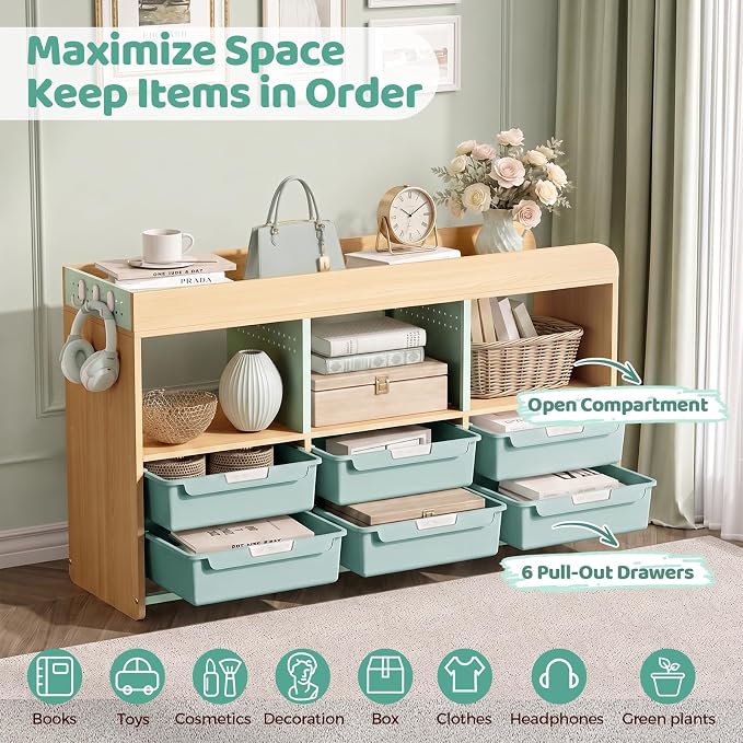 Toy Storage Organizer with 6 White Bins - Wooden Playroom Storage Cabinet for Toys, Books & Art Supplies, Green - Image 3