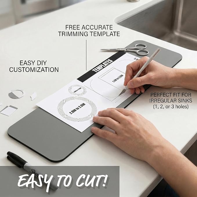 Cuttable Kitchen Sink Faucet Mat: 2PCS 30"Lx5.5"W DIY Splash Guard for Irregular Sink 2, 3 holes, Soap Dispenser & Air Gap - Bathroom Counter Protector Drip Catcher with Pre-Cut Center Hole, Grey - Image 3