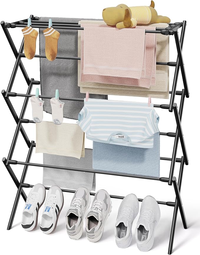 Sakugi Foldable 3-Tier Clothes Drying Rack 37.4" H with Non-Slip Feet | Indoor & Outdoor Use, Space Saving, Metal Frame, 11.4" D x 29.1" W, Black by Sakugi