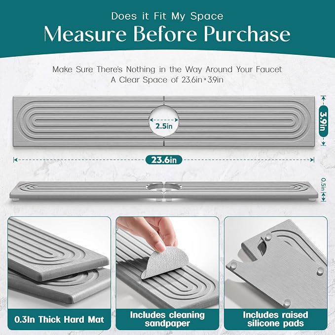 Kitchen Faucet Absorbent Mat - Diatomaceous Earth Splash Guard for Sink Faucet, Aesthetic Water Absorbing Stone Tray in The Modern Home [Grey, 23.6" x 3.9"] - Image 2