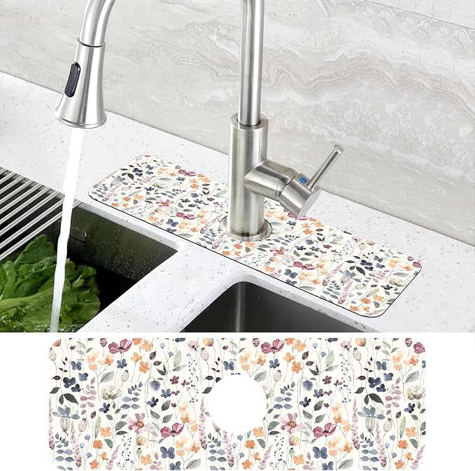 Vintage Watercolor Floral Kitchen Sink Splash Guard Mat Absorbent Fast Drying Mat Faucet Draining Mat Sink Splash Guard Behind Faucet Drip Catcher for Kitchen Bathroom 5.5"×15" - Image 4