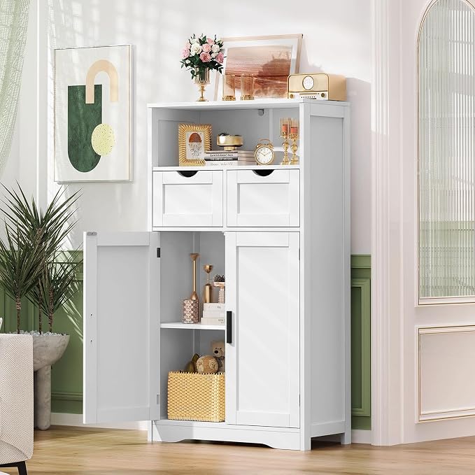 Iwell Bathroom Cabinet with Doors and Drawers, Freestanding Bathroom Storage Cabinet, Adjustable Shelves, for Living Room, Kitchen, Home Office, White - Image 2