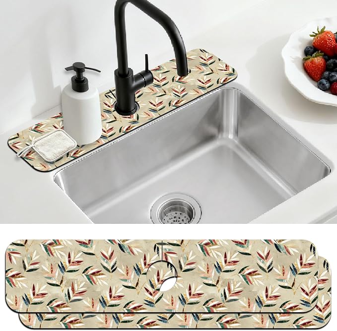 2 Pcs Kitchen Sink Splash Guard Faucet Mat Artistic Leaves Faucet Mat for Sinks Leaves Pattern Absorbing Drying Mats for Kitchen Bathroom, 23.6x5.5inch by CONCHLERY%E6%97%97%E8%88%B0%E5%BA%97