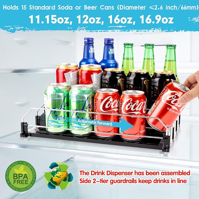 Drink Dispenser for Refrigerator, Self-Pushing Soda Can Organizer for Fridge, 3 Rows has been Assembled, Automatic Can Organizer with Spring Loaded for Refrigerator Holds 15 cans, Black - Image 2