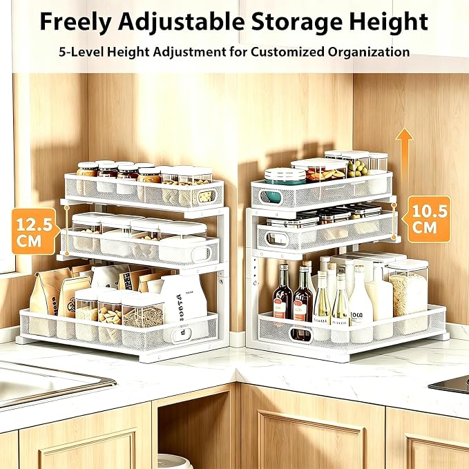 2 Pack Under Sink Organizer, 3-Tier Pull Out Kitchen Cabinet Organizer | 5 Adjustable Heights, Metal Slide Out Bathroom Storage, Makeup Drawer Rack for Bedroom Office Pantry Home Organization, White - Image 9