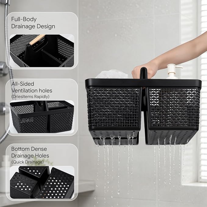 UUJOLY Portable Plastic Shower Caddy Basket with Wooden Handle, Black | Divided Storage Organizer Tote for Bathroom, Dorm, College, Kitchen & RV – Lightweight, Easy-Carry Essentials Caddy - Image 3