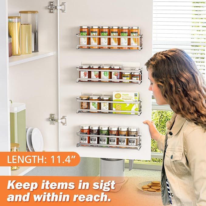 Bunoxea Spice Rack Wall Mounted 2 Pack, Silver,For Spice Jars & Seasonings | 2 Removalble Hooks,Screw or Adhesive Hanging, Space-Saving,For Kitchen Cabinet, Pantry Door,Stove,RV Use,11.41x2.75x2.75in - Image 3