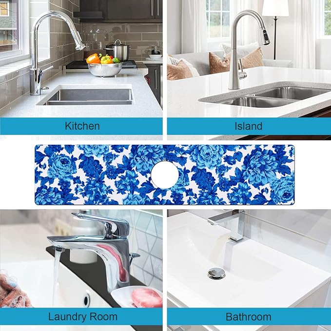 Kitchen Sink Splash Guard Faucet Mat Super Absorbent Fast Drying Mat Sink Gadgets Splash Guard Behind Faucet Drip Catcher for Kitchen (Blue Flowers, 23.5x5.5in) - Image 4