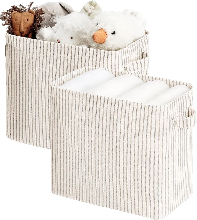 StorageWorks Narrow Storage Bins, Tall Storage Basket, 2-Pack | Khaki and Beige Stripes, Reinforced Handles, Sturdy Structure, For Bathroom, Closet, Shelf, Storage Makeup, Socks, Underwear by StorageWorks