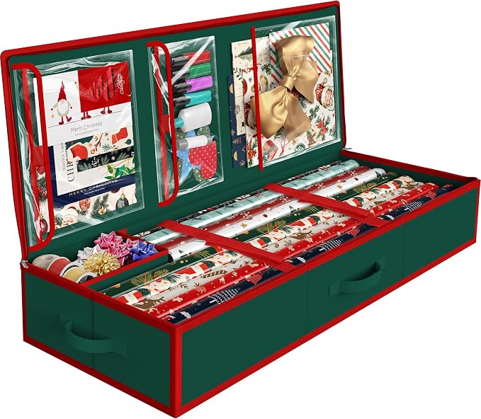 Simple Houseware 41.5" Wrapping Paper Organizer, Fits 40 Rolls, Green | Adjustable Straps, Interior Divider for Ribbons & Bows, 3 Clear Pockets for Gift Bags & Tools, 41.5"L x 16"W by SimpleHouseware