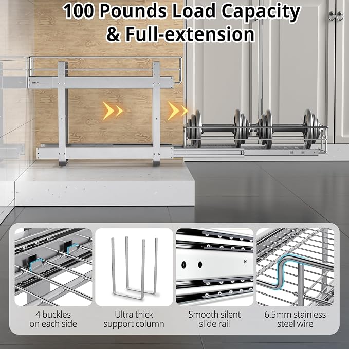 ZOINLIY Pull Out Cabinet Organizer,Slide Out Kitchen Organizers and Storage | Heavy Duty Drawer Cupboard Storage Basket, Smooth Sliding, Chrome Finish - Image 3