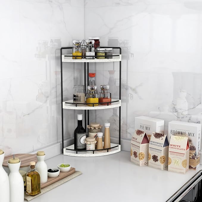Dorhors Corner Bathroom Organizer Countertop,Vanity Counter Storage Shelf | 3 Tier Rustic White Stand Rack Holder for Kitchen,Dresser,Restroom,Wood Bathroom Sink Tray for Makeup,Perfume,Skincare,Lotion - Image 6