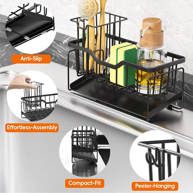 StorageRight Sponge Holder for Kitchen Sink, Stainless Sink Caddy Organizer | Rustproof Kitchen Sink Organizers with High Brush Holder & Self Drain Tray, Anti-Slip Kitchen Countertop Storage Essentials - Image 2