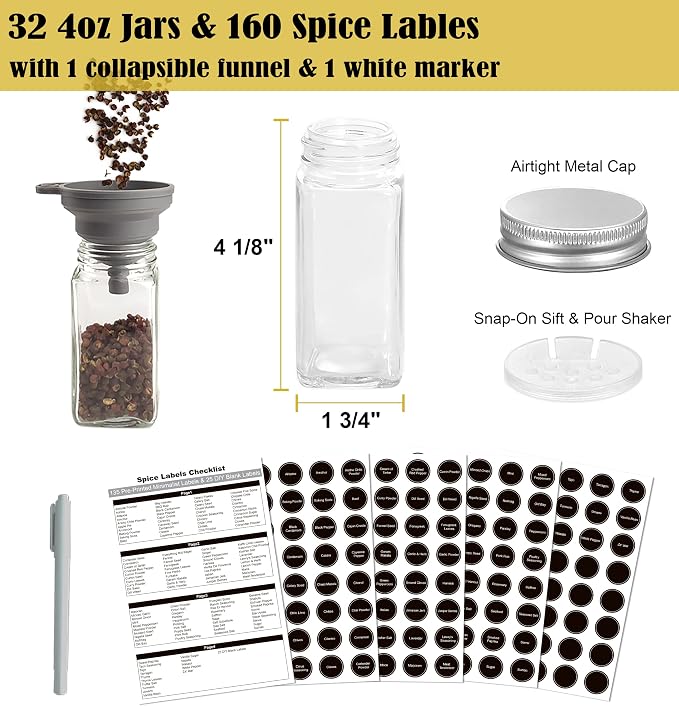 4 Tier Spice Rack Organizer with 32 Square Spice Jars and 160 Spice Labels Set for Kitchen Cabinet Countertop Pantry or Wall Mount, Matte Black - Image 3