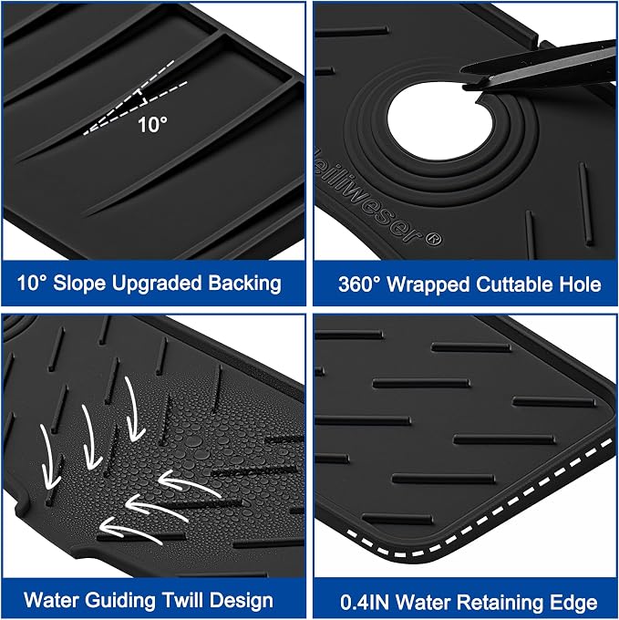 Faucet Mat for Kitchen Sink – 24” x 5.1” Extra-Long Silicone Splash Guard with 10° Slope & Upgraded Drainage – Gen 3 Sink Water Catcher & Sponge Holder for Kitchen, Bathroom (Black) - Image 6
