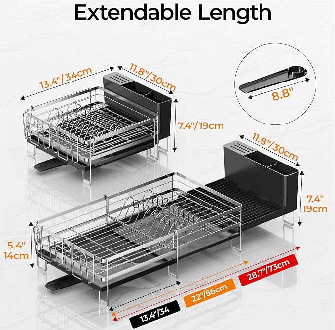 Delamu Stainless Steel Dish Drying Rack, Expandable Dish Drainer | Anti-Rust Dish Racks for Kitchen Counter, Dish Strainers with Drainboard, Utensil & Cup Holder, 13.4"-28.7" L x 11.8" W - Image 7