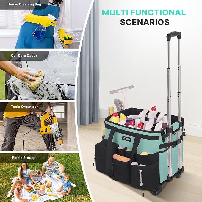 JKAOO Large Rolling Cleaning Caddy Bag with Detachable Trolley, Blue-Green | Waterproof Cleaning Caddy with Wheels, 40L Wheeled Organizer Cart for Supplies, Housekeepers, Home, Office, Car, Picnic - Image 7