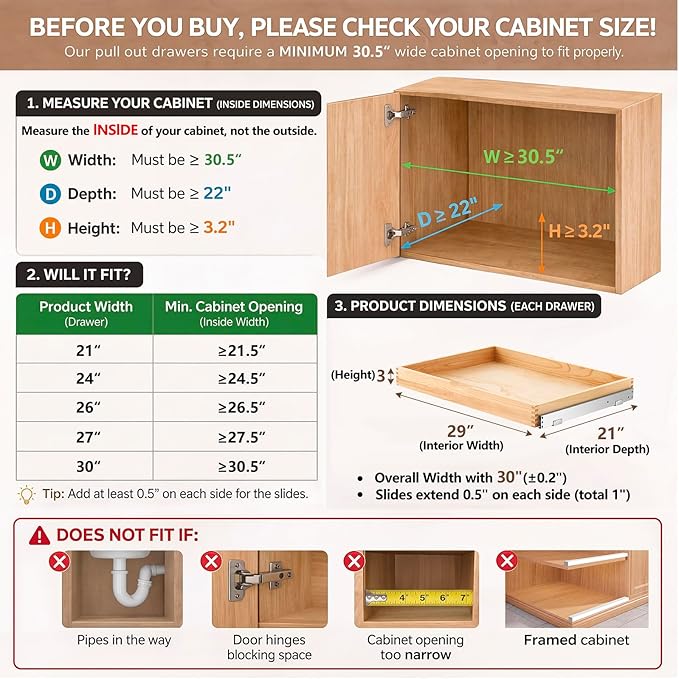 2 Set Wooden Pull out Cabinet Organizer Fully Assembled Slide out Pantry Drawer with Gentle Close Storage Shelf Tray for Base Kitchen Under Sink Bathroom Accessory(Wood Color,30'' X 21'' X 3") - Image 2
