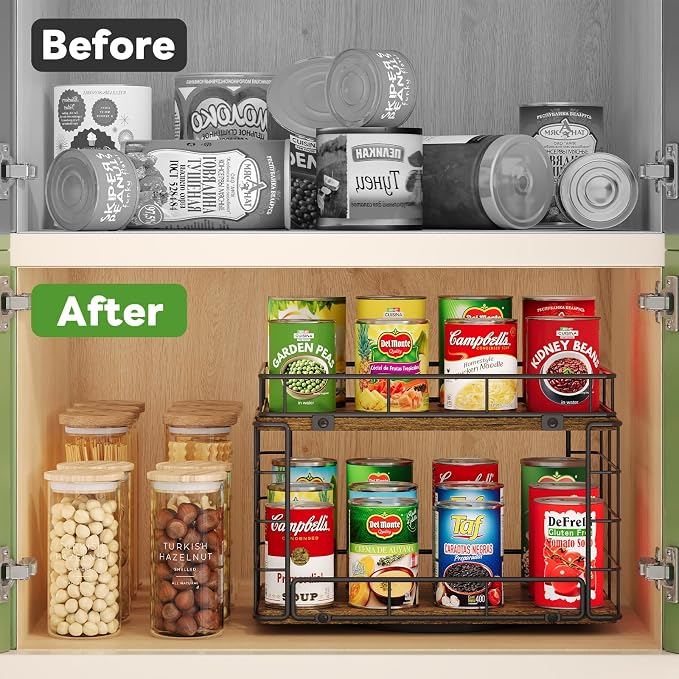360° Rotating Lazy Susan Can Organizer for Pantry, Holds 26 Cans, Black | 2-Tier Soda Can Organizer, Metal Wire & Wood Shelf with Turntable Storage for Kitchen Cabinet, Pantry & Countertop - Image 5