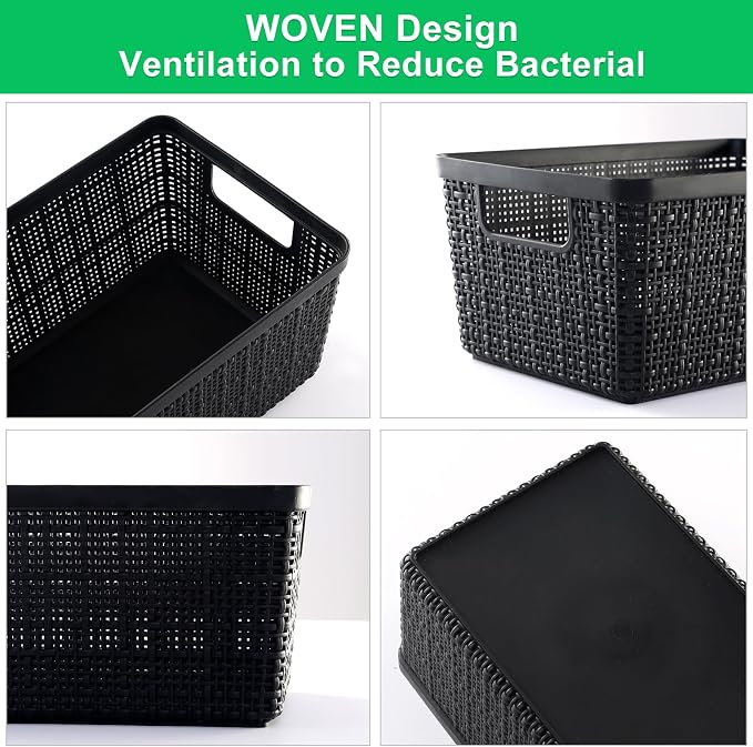 6 Pack Plastic Storage Baskets with Lid,Black Stackable Bins | Durable Woven Plastic With handle Breathable,Save space ,For Organizing Desktops, Closets, Playrooms, Classrooms, Offices - Image 2